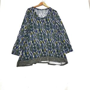LOGO Lori Goldstein‎ Tunic Top Plus 2X Green Blue Long Sleeve Scoop Geometric